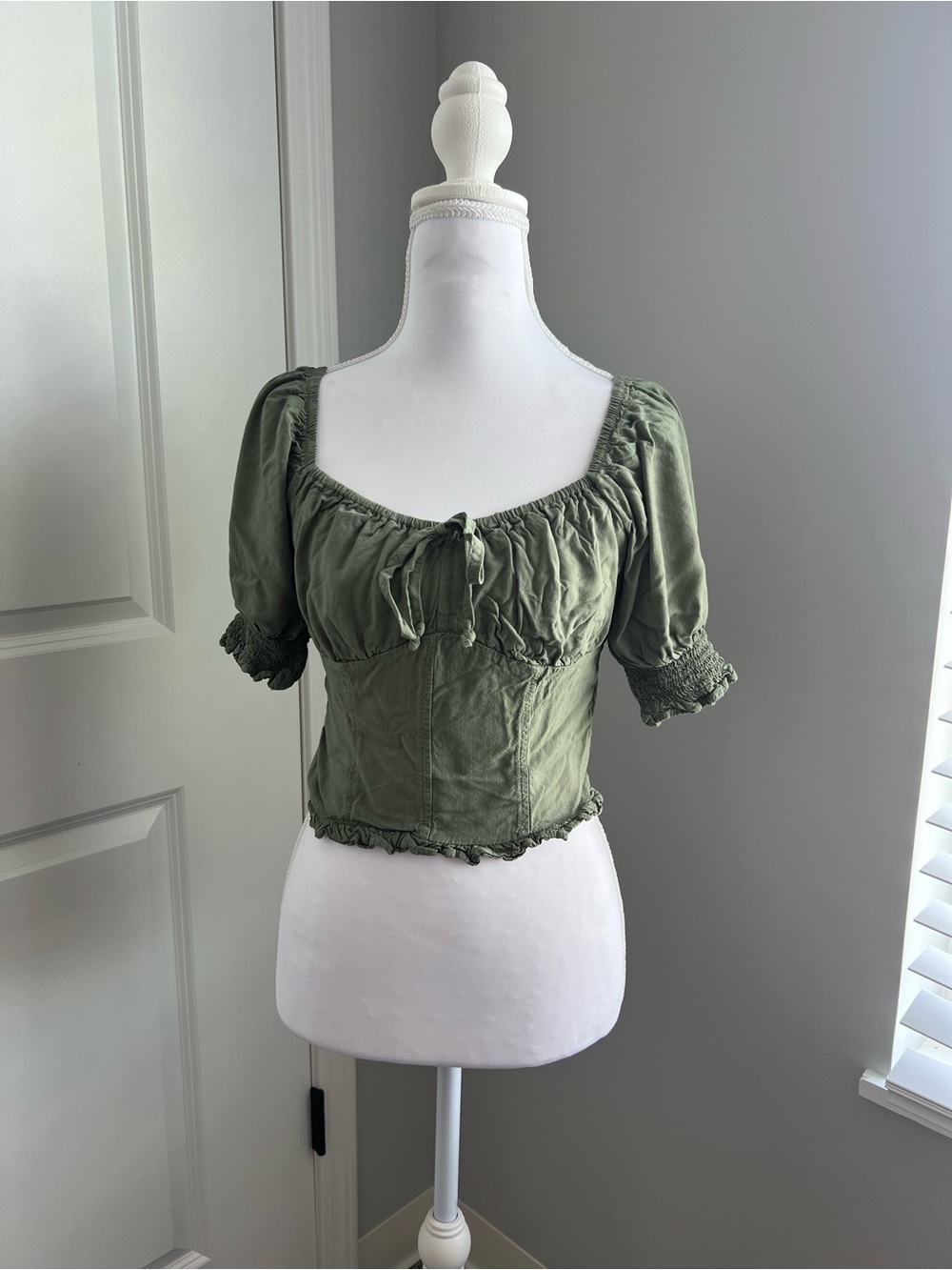 Smocked Olive Green Puff-Sleeve Corset Top